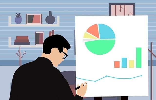 Illustration of a man analyzing a presentation board with colorful pie charts, bar graphs, and a line graph in a modern office setting.