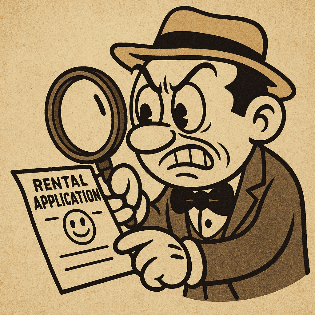 Cartoon-style property manager reviewing a rental application with a magnifying glass