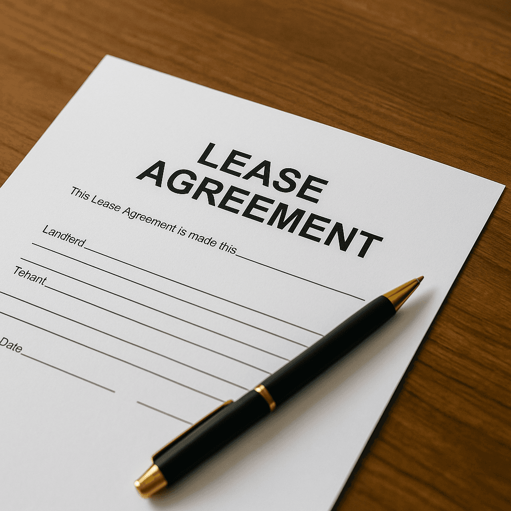 A close-up of a rental lease agreement and a pen on a wooden desk