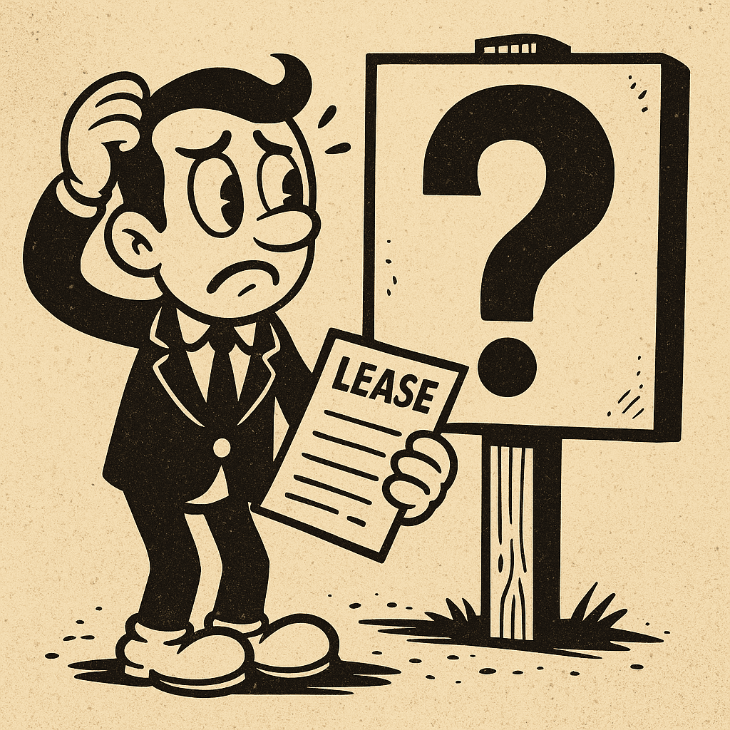 Cartoon-style confused tenant holding a lease and looking at a giant question mark