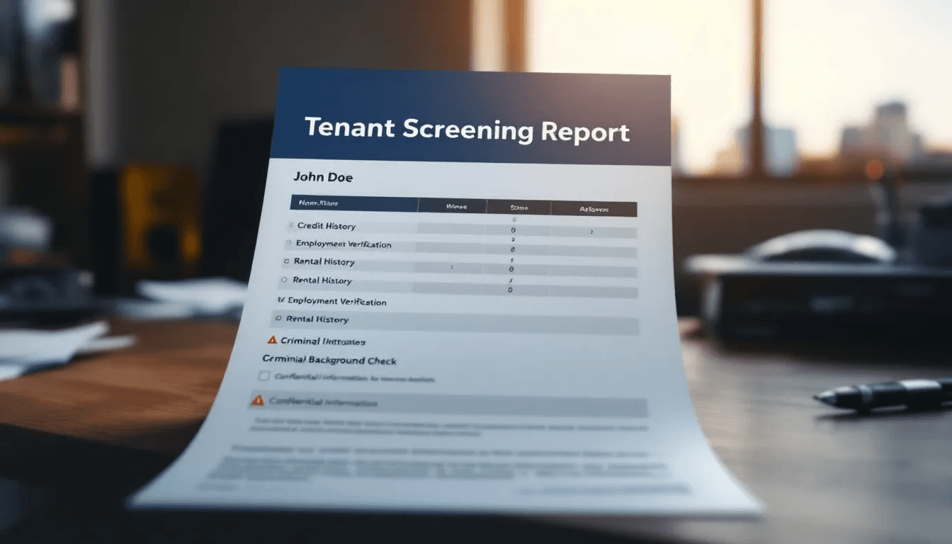 The image depicts a digital interface showcasing an AI-driven tenant screening report, highlighting various elements such as credit scores, eviction history, and rental history, which assist property owners and managers in making informed decisions about prospective tenants. The layout suggests a streamlined online tenant screening process, emphasizing the importance of comprehensive background checks and financial responsibility for confident leasing decisions.