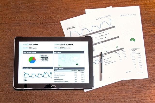 Tablet displaying analytics dashboard with charts and graphs, placed on a wooden desk next to printed reports and a pen.