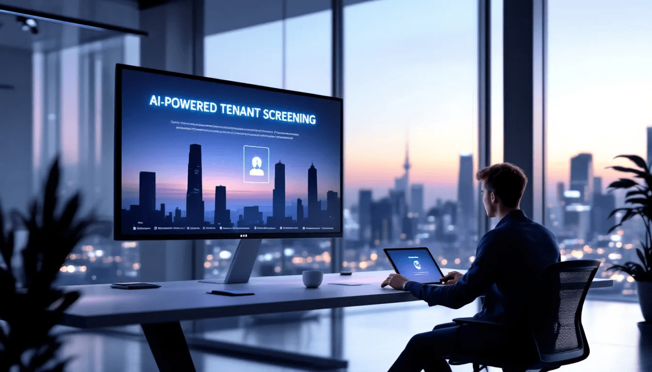 In the image, a digital interface displays an AI-powered tenant screening service, showcasing various features such as credit reports, eviction history, and background checks. This online tenant screening process helps property owners and managers make informed decisions about prospective tenants by providing comprehensive screening reports.