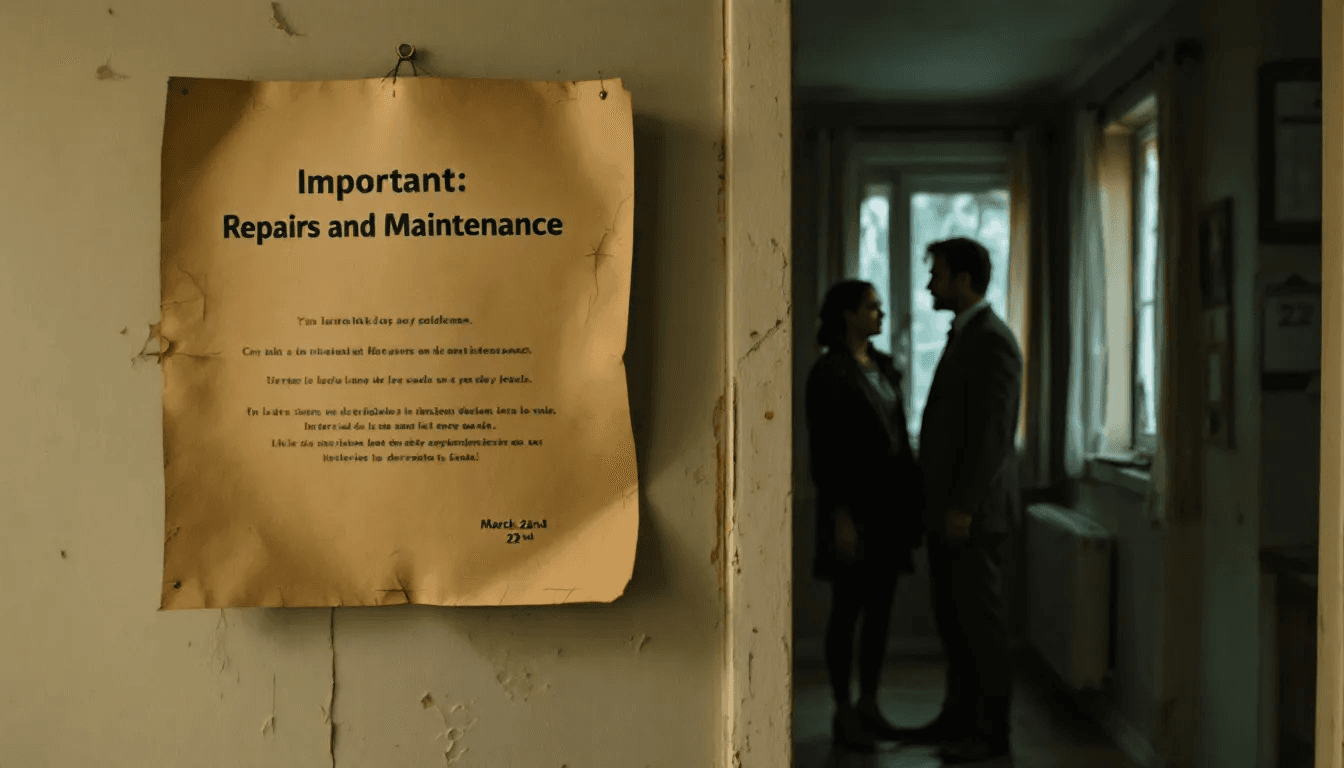 In the image, a landlord is discussing with a tenant about potential charges for repairs in a rental property. The scene highlights the importance of understanding rental property expenses and the implications of labor costs associated with managing rental properties.