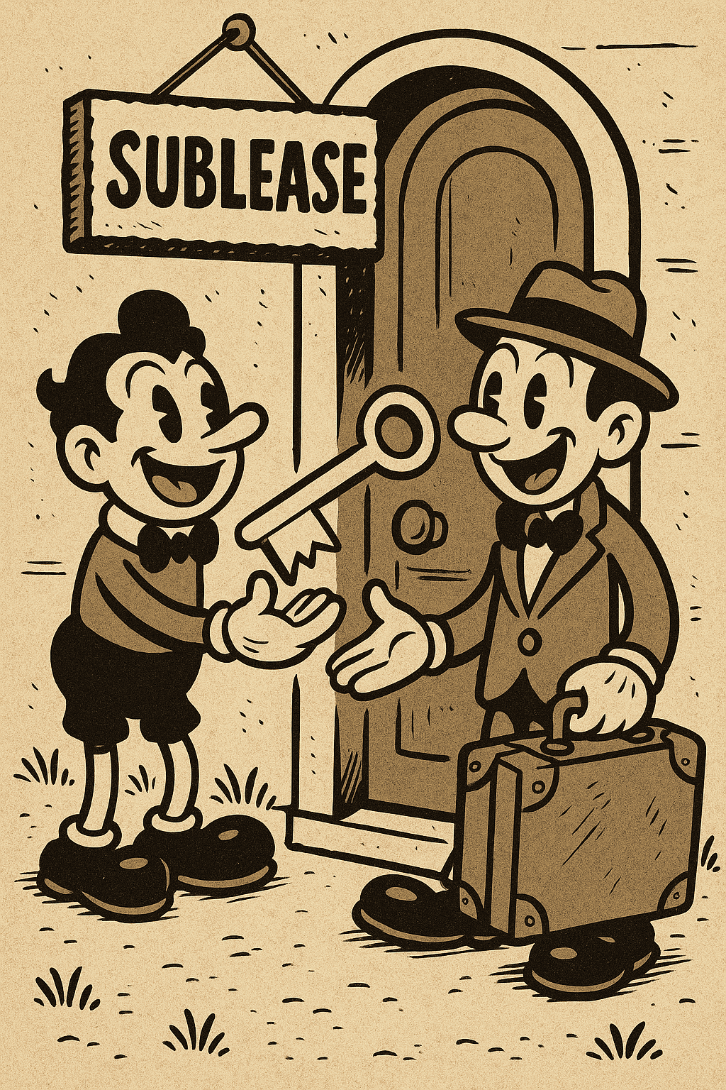 Cartoon-style illustration of tenant handing over keys in a sublease agreement scenario
