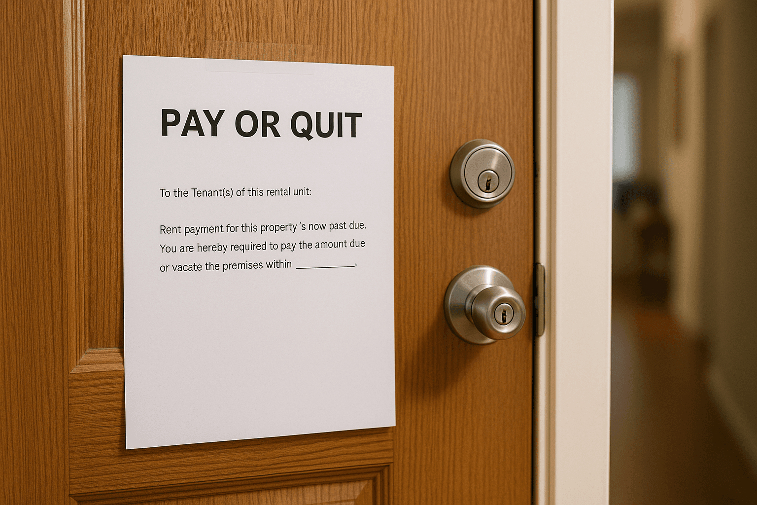 A pay or quit notice taped to the front door of an apartment