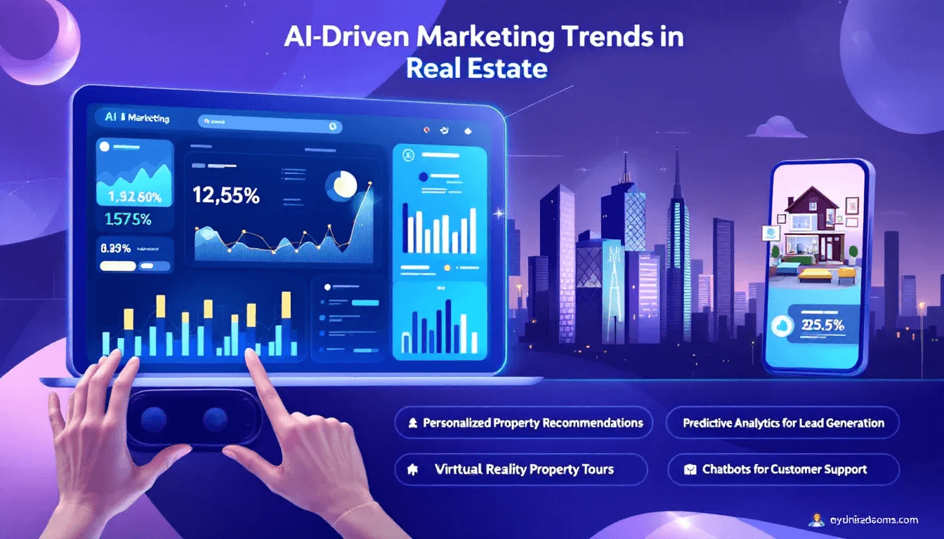 In the image, a modern digital marketing strategy is depicted, showcasing key trends in AI for the real estate industry, including virtual tours and social media platforms. The visual emphasizes the importance of strong online presence and effective marketing efforts for real estate companies to attract potential buyers and generate leads.