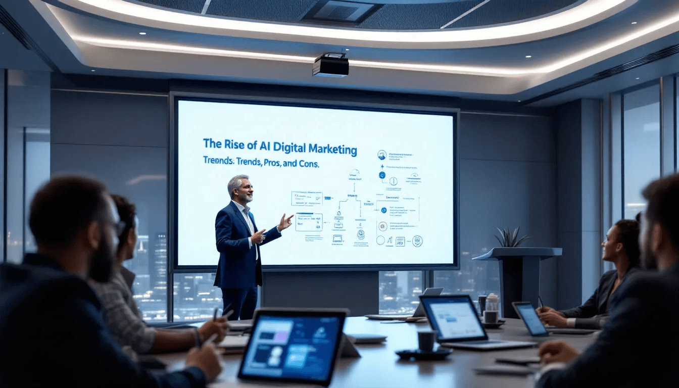 The image illustrates the growing influence of AI in real estate digital marketing, showcasing various digital marketing strategies used by real estate companies to attract potential clients and enhance their online presence. It features elements like virtual tours, social media platforms, and search engine optimization, emphasizing the importance of a strong digital marketing plan in the competitive real estate industry.