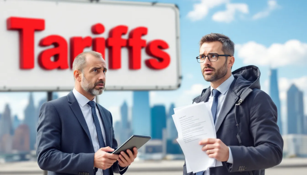 The image illustrates the concept of tariffs, highlighting various elements such as import tariffs, trade policy, and the impact of high tariffs on domestic production and foreign competition. It features visual representations of trade agreements, customs barriers, and the global economy, emphasizing the complexities of international trade and its effects on costs and supply chains.