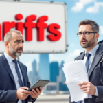 The image illustrates the concept of tariffs, highlighting various elements such as import tariffs, trade policy, and the impact of high tariffs on domestic production and foreign competition. It features visual representations of trade agreements, customs barriers, and the global economy, emphasizing the complexities of international trade and its effects on costs and supply chains.