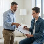 Photorealistic image of a landlord and a tenant reviewing a security deposit document.