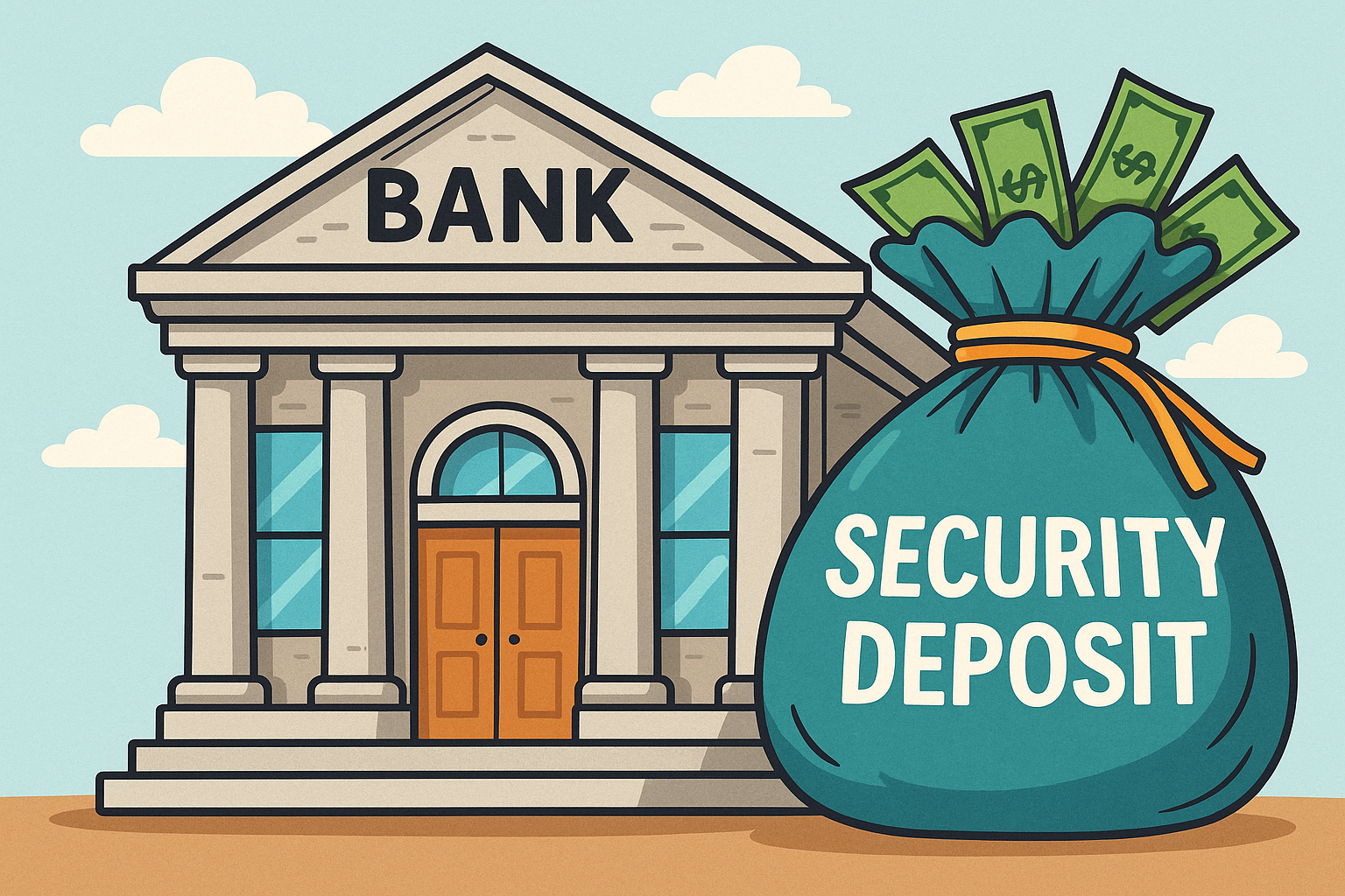 Cartoon-style illustration of a neoclassical bank beside a money bag labeled 'Security Deposit,' symbolizing proper handling of tenant funds under Illinois law.