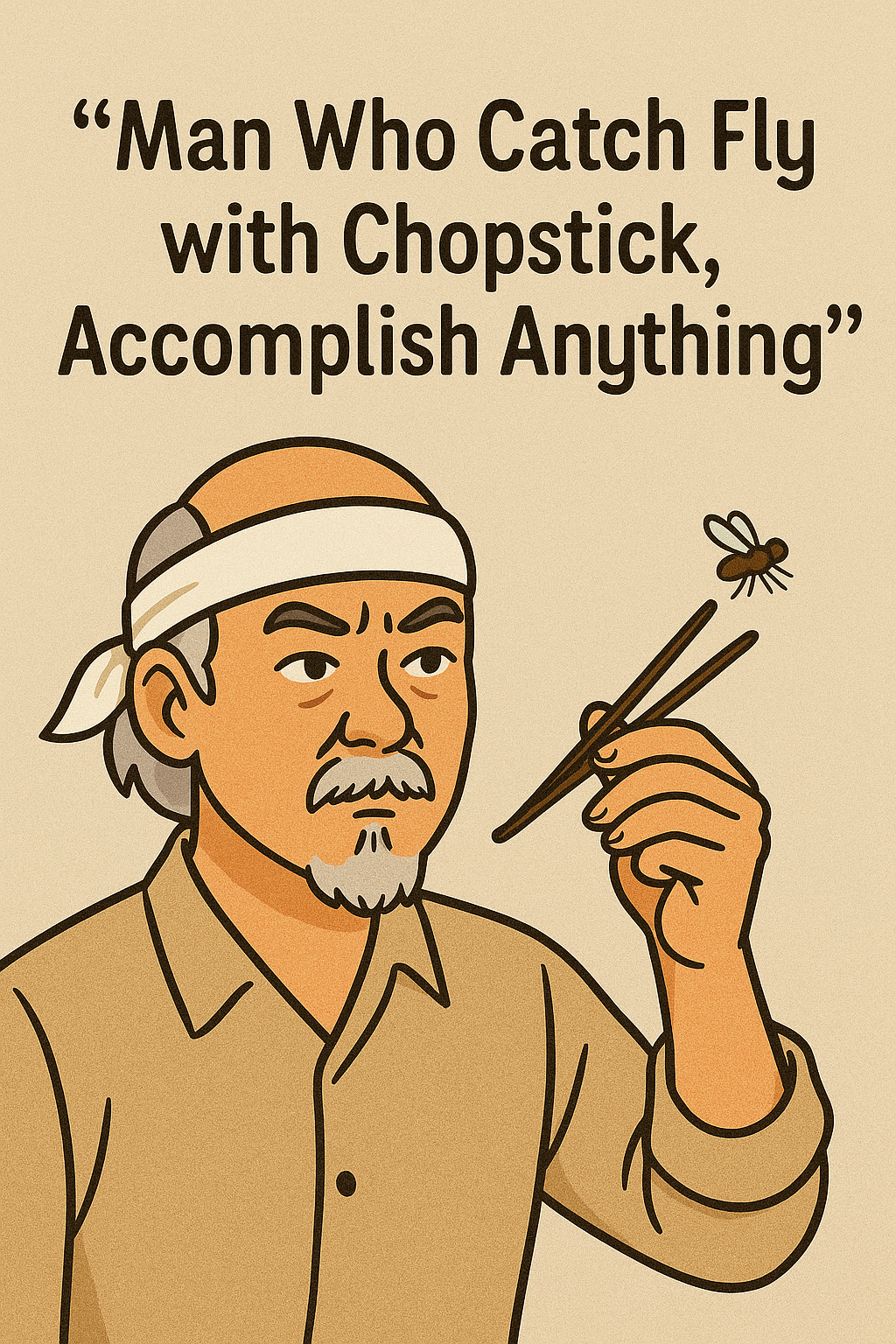A wise martial arts mentor catches a fly with chopsticks, symbolizing focus, patience, and the power of creative problem-solving in property management.