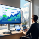 In the image, a visually appealing infographic illustrates the benefits of AI digital marketing in real estate, highlighting strategies such as search engine optimization, social media platforms, and video marketing to attract potential clients and enhance lead generation for real estate companies. The design features icons representing various digital marketing tools and concepts, emphasizing the importance of a strong online presence for real estate businesses.