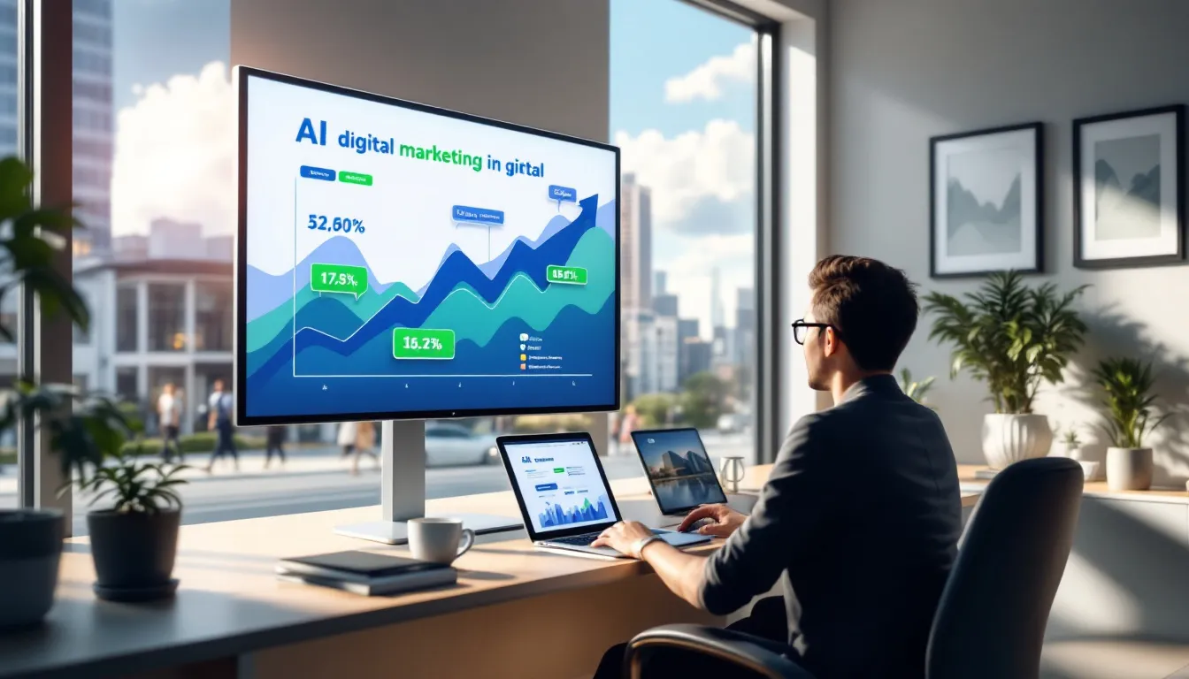 In the image, a visually appealing infographic illustrates the benefits of AI digital marketing in real estate, highlighting strategies such as search engine optimization, social media platforms, and video marketing to attract potential clients and enhance lead generation for real estate companies. The design features icons representing various digital marketing tools and concepts, emphasizing the importance of a strong online presence for real estate businesses.