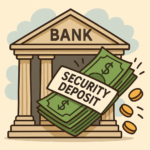 "Cartoon-style bank building receiving labeled cash marked 'Security Deposit,' symbolizing the legal requirement to hold deposits in a separate account in Illinois.