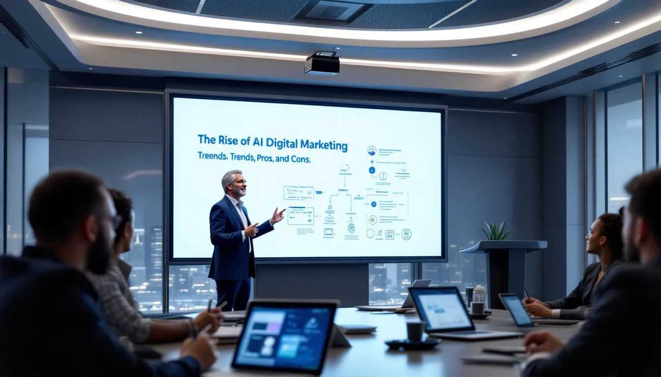 The image illustrates the growing influence of AI in real estate digital marketing, showcasing various digital marketing strategies used by real estate companies to attract potential clients and enhance their online presence. It features elements like virtual tours, social media platforms, and search engine optimization, emphasizing the importance of a strong digital marketing plan in the competitive real estate industry.
