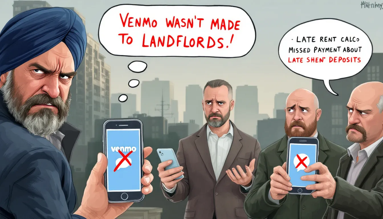 In the image, a frustrated landlord is depicted, surrounded by various payment apps, including Venmo and PayPal, emphasizing the challenges of using these platforms for rent collection. The text highlights the complexities of managing rental payments, such as late fees and payment disputes, showcasing the need for dedicated online rent collection systems.