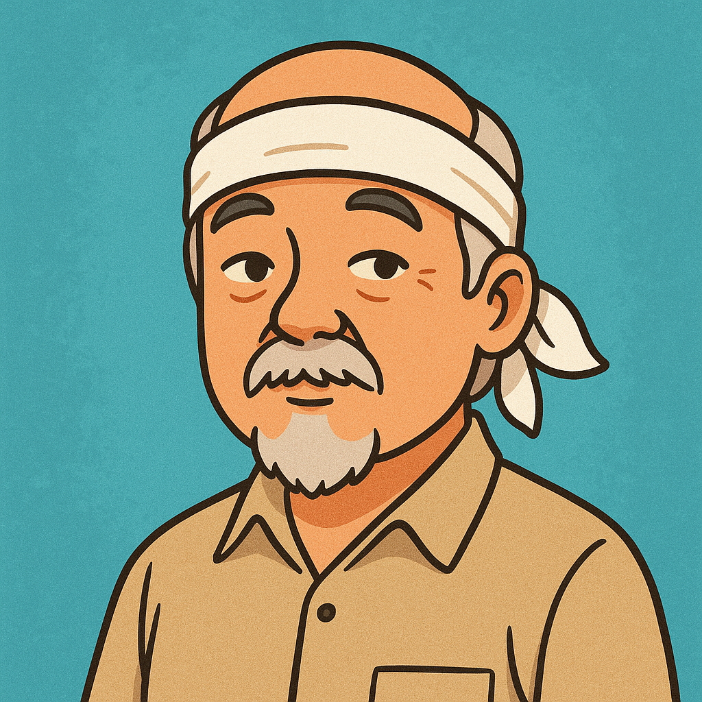 A digital illustration of an elderly Asian man with a white beard, beige shirt, and headband, representing a wise martial arts mentor in a calm, cartoon style