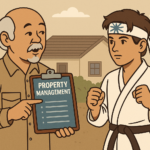 An older karate instructor holds a 'Property Management' clipboard while teaching a young student in a karate gi, symbolizing discipline in property management.