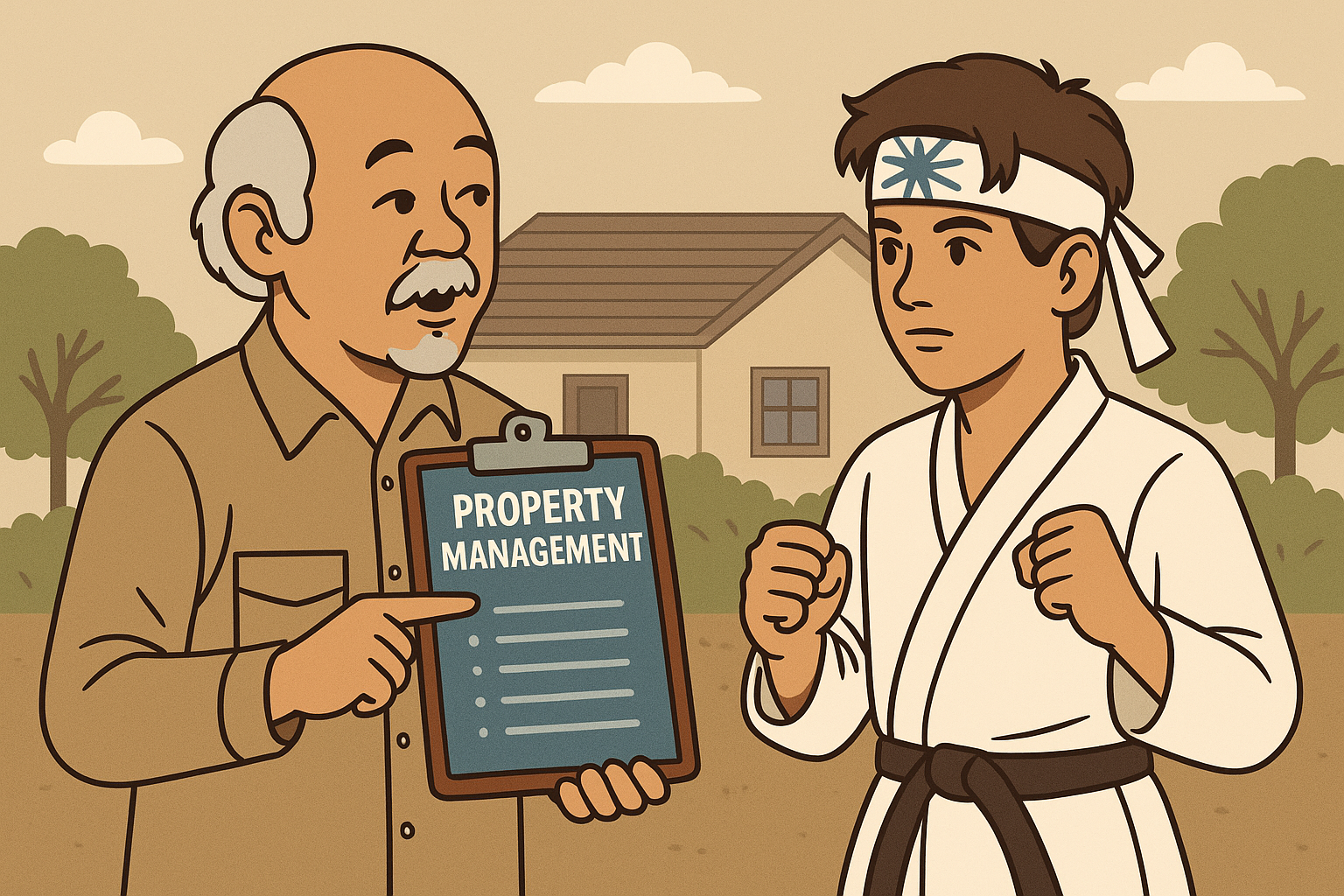An older karate instructor holds a 'Property Management' clipboard while teaching a young student in a karate gi, symbolizing discipline in property management.