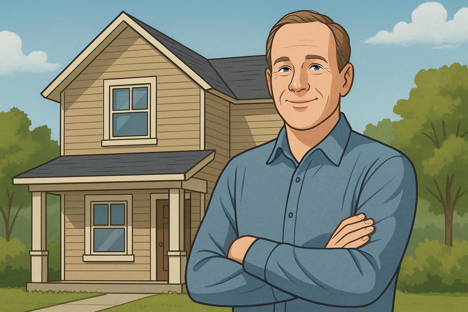 Cartoon-style illustration of a confident landlord standing in front of a beige suburban home, representing responsible property ownership under Illinois rental laws.