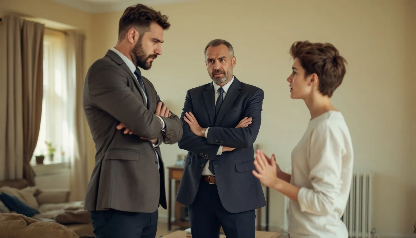 In the image, a frustrated tenant stands in front of their rental unit, holding a lease agreement while looking at their unreasonable landlord, who appears dismissive. The scene highlights the challenges tenants face when dealing with uncooperative landlords in New York, especially regarding lease terms and tenant rights.