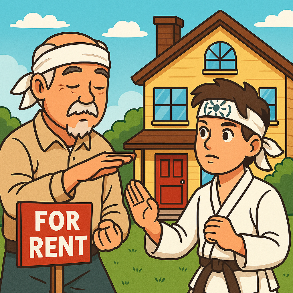 An elderly karate instructor demonstrates a move to a student in a white gi in front of a two-story house with a 'For Rent' sign, symbolizing learning and leadership in property management.