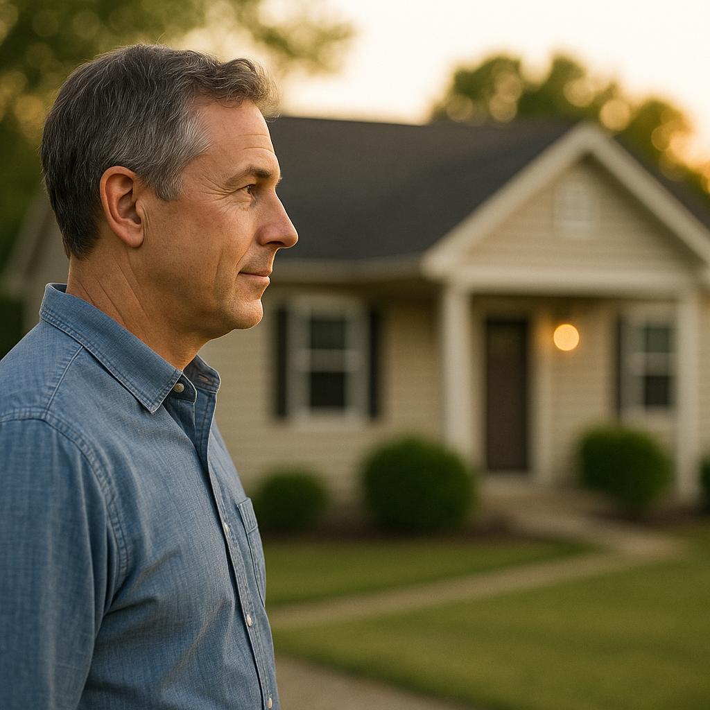 A middle-aged landlord stands thoughtfully in front of a suburban home during sunset, symbolizing responsibility and compliance with Illinois security deposit laws