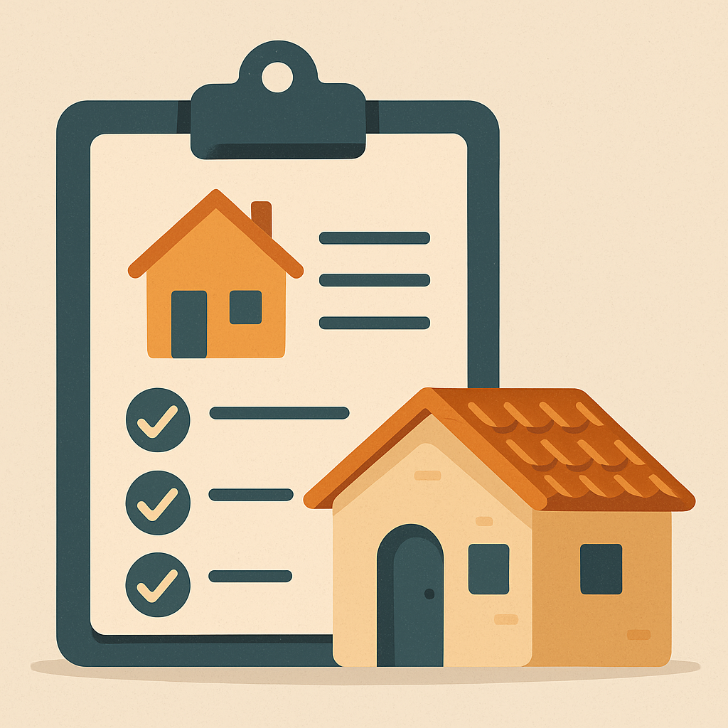 Cartoon-style illustration of a clipboard with house icons and checkmarks next to a small Arizona-style home, representing property tax planning and assessment.
