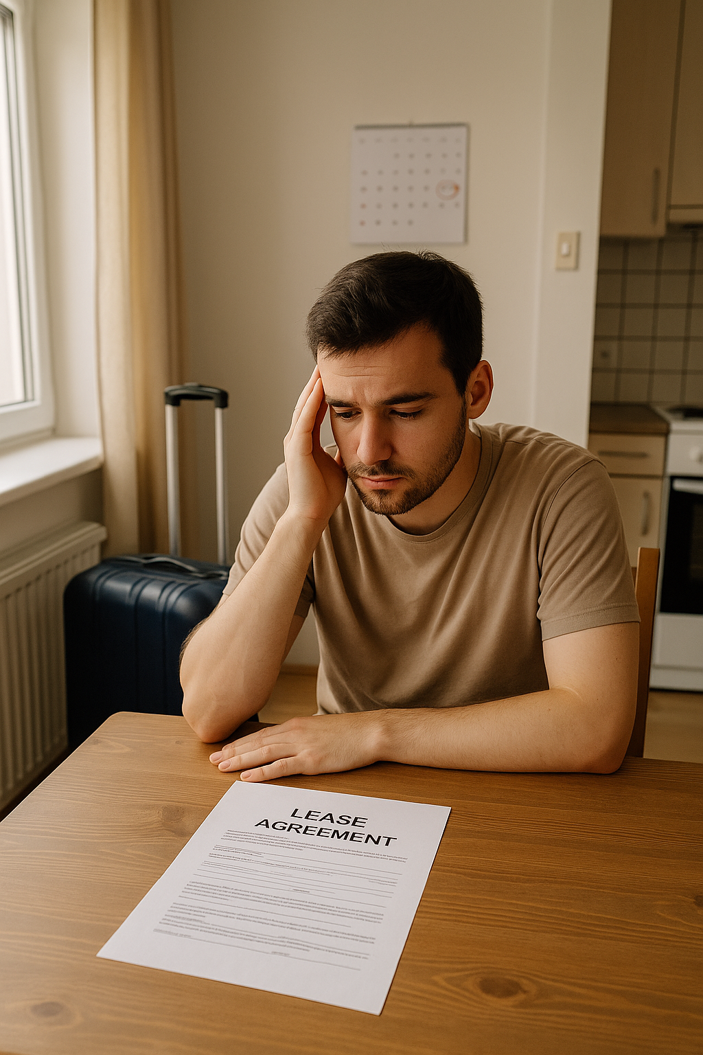 Young tenant in a California apartment looking worriedly at a lease agreement with a suitcase nearby, symbolizing the uncertainty of breaking a rental lease.