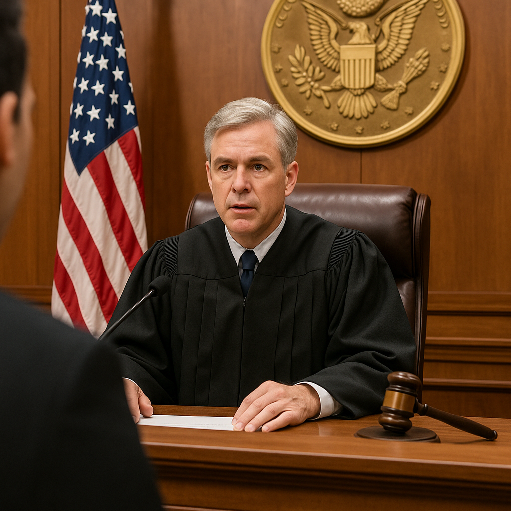 A judge presiding over an eviction hearing in a courtroom