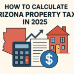 Illustration of Arizona state outline with a calculator, house, dollar symbol, and upward graph representing how to calculate property tax in 2025.