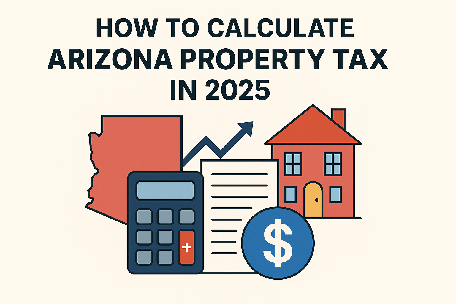 Illustration of Arizona state outline with a calculator, house, dollar symbol, and upward graph representing how to calculate property tax in 2025.