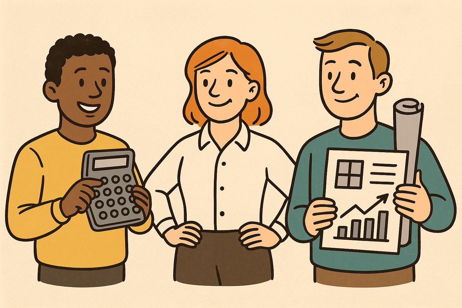 Cartoon-style illustration of three diverse homeowners discussing property taxes—one with a calculator, one with blueprints, and one confidently smiling—symbolizing landlord best practices