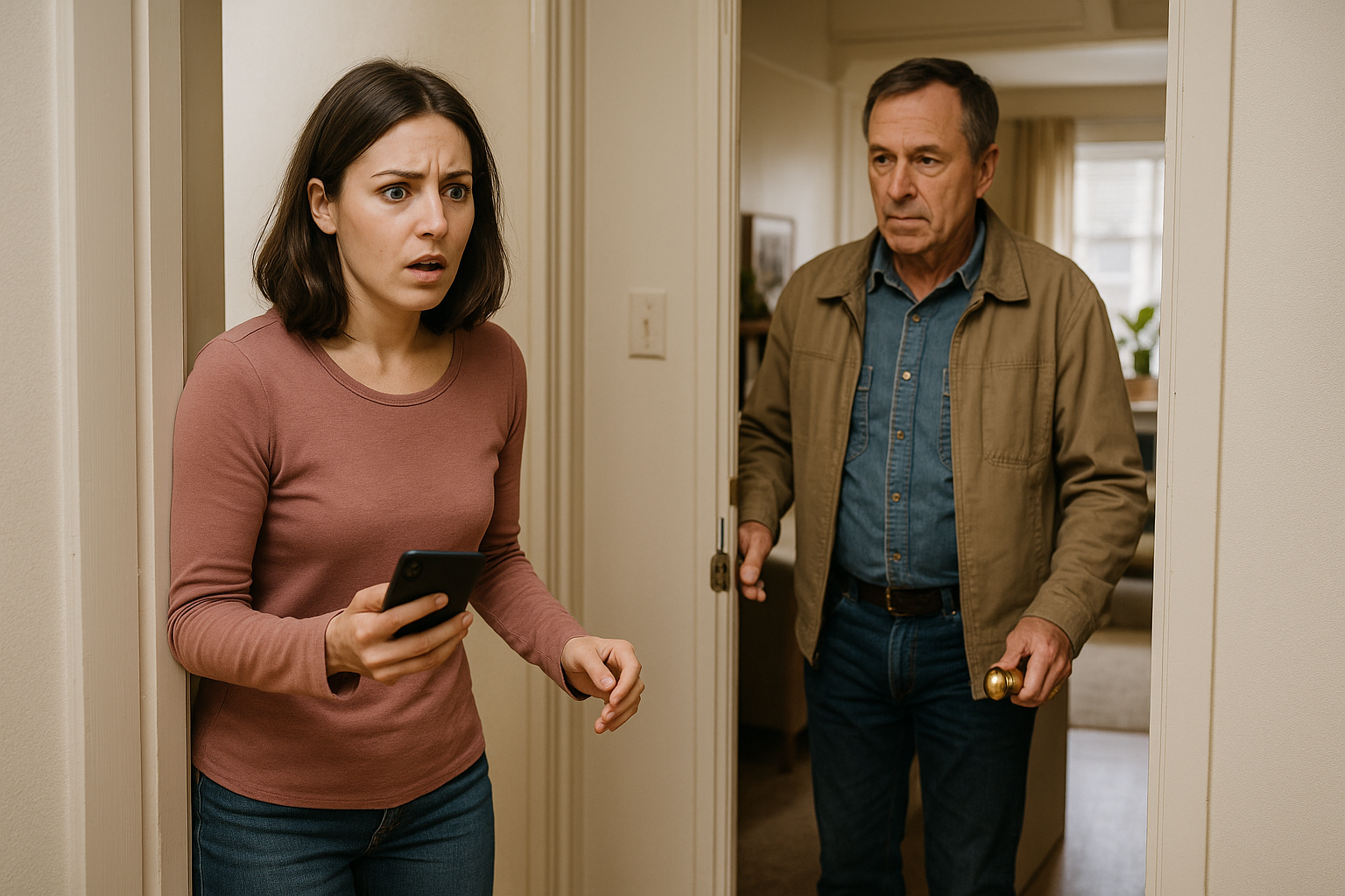 A shocked tenant stands as her landlord enters without notice, depicting landlord harassment as a legal reason to break a lease in California.
