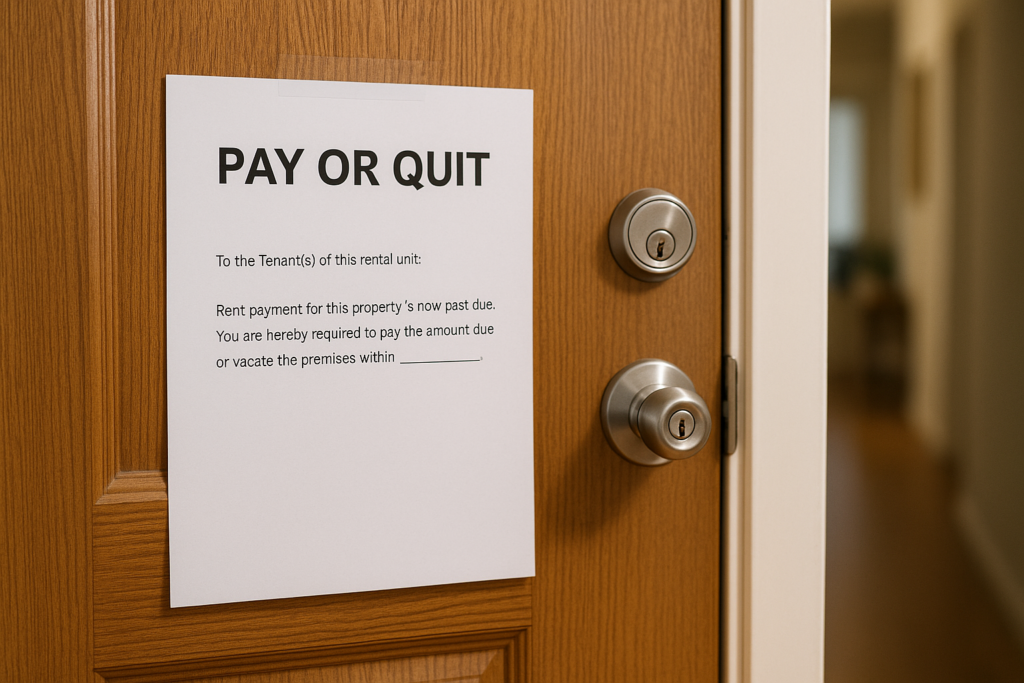 A pay or quit notice taped to the front door of an apartment