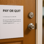 A pay or quit notice taped to the front door of an apartment