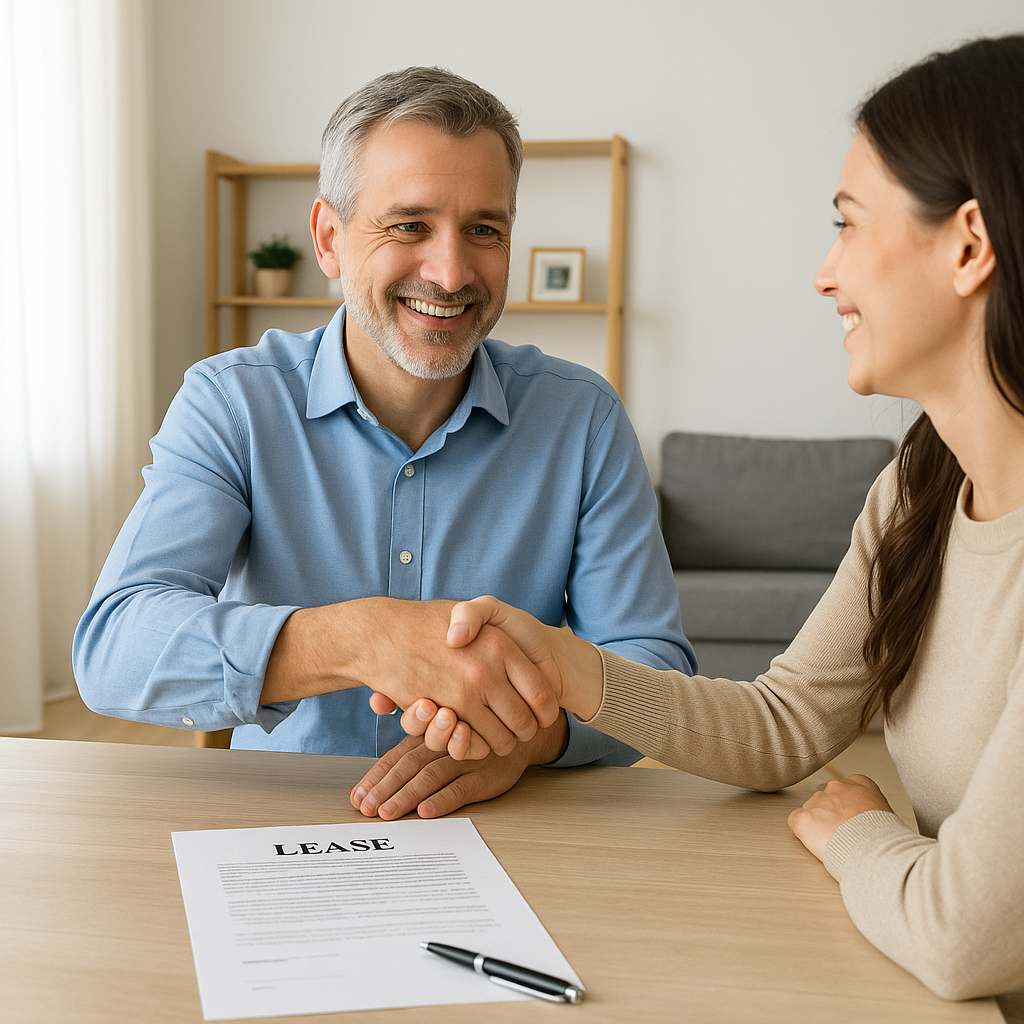 A smiling landlord shaking hands with a new tenant after signing a lease