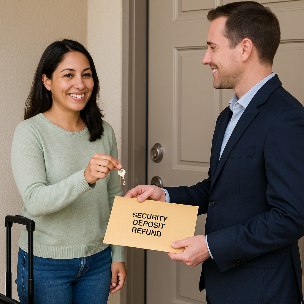 A smiling tenant receives a refund envelope while handing back apartment keys to the landlord, illustrating the return of a security deposit in California.