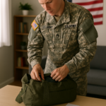 U.S. military service member packing bags with deployment orders on the table, symbolizing the legal right to break a lease in California due to active duty.