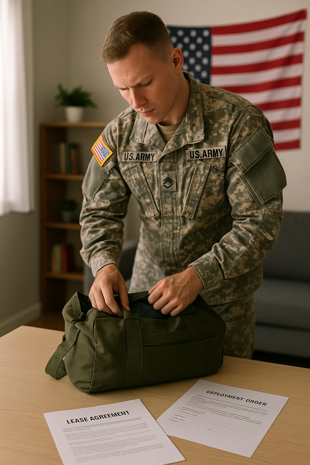 U.S. military service member packing bags with deployment orders on the table, symbolizing the legal right to break a lease in California due to active duty.