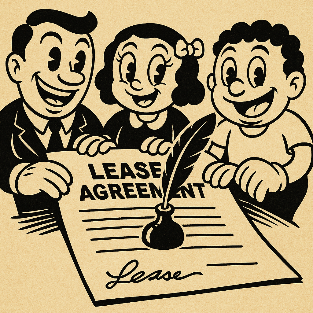 Cartoon-style illustration of tenant handing over keys in a sublease agreement scenario