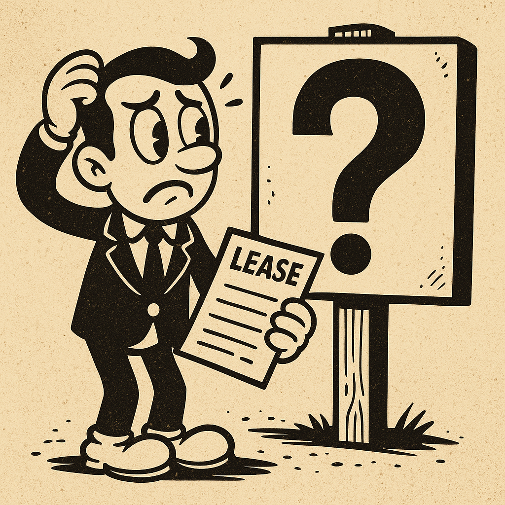 Cartoon-style confused tenant holding a lease and looking at a giant question mark