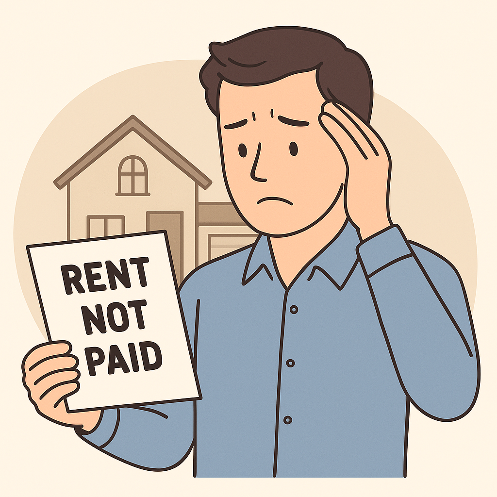A concerned landlord holding a “Rent Not Paid” notice outside a house