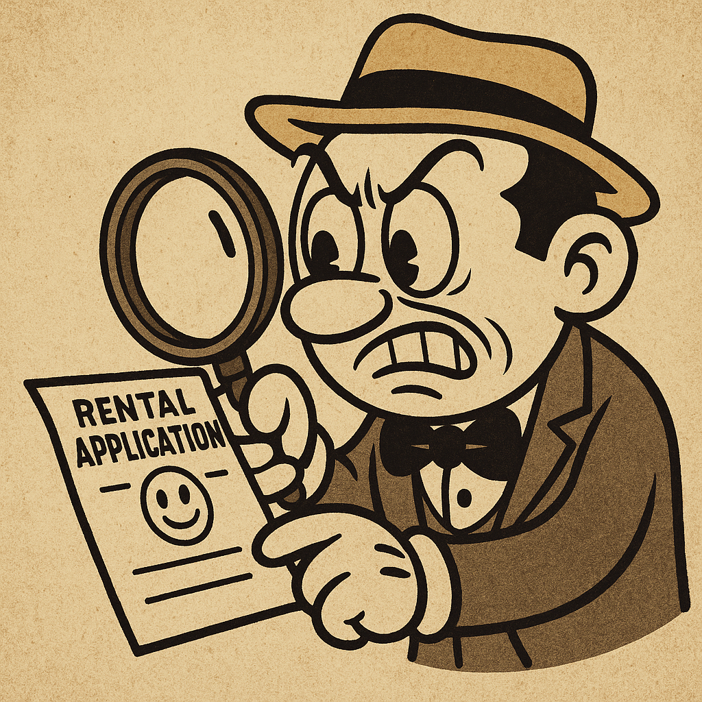 Cartoon-style property manager reviewing a rental application with a magnifying glass