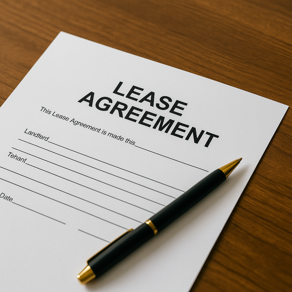 A close-up of a rental lease agreement and a pen on a wooden desk